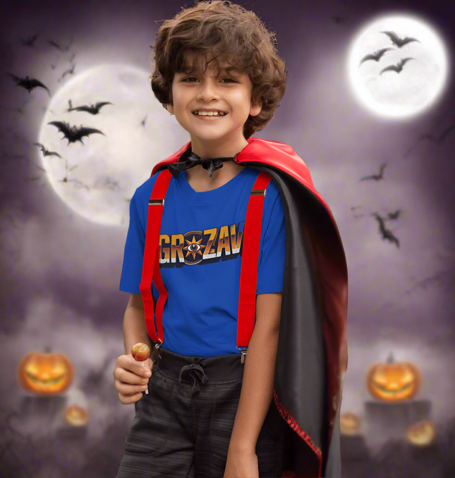 A Halloween-themed T-shirt for boys with a haunted design, blending spooky style with a comfortable, festive feel.