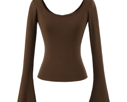 Tricou elastic cu mâneci lungi, cu dungi, de tip U-neck, strâns