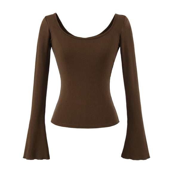 U-neck striped long sleeved elastic T-shirt tight top