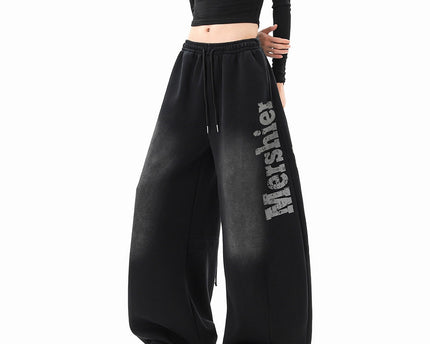 Streetwear Hip Hop Washed Letter Sweatpants Unisex Winter Trendy  Loose Wide Leg Pants Hiphop Casual Slit Pants
