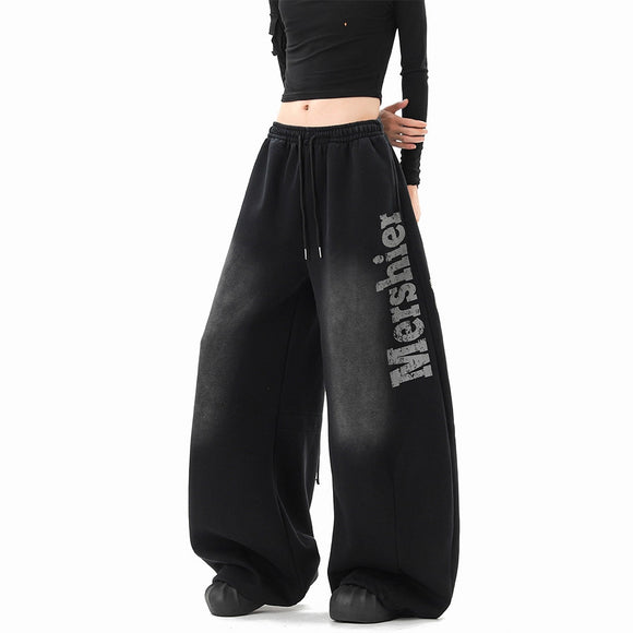 Streetwear Hip Hop Washed Letter Sweatpants Unisex Winter Trendy  Loose Wide Leg Pants Hiphop Casual Slit Pants