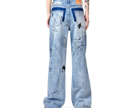 Graffiti Fun Niche Print Washed Distressed Denim Trousers