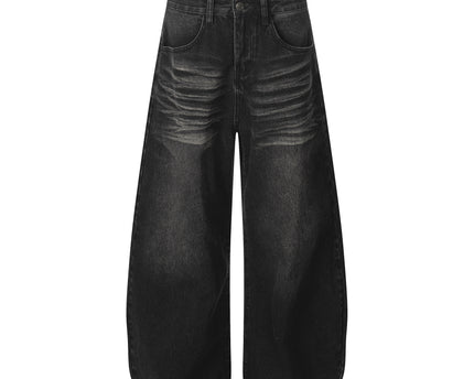 Style Washed Black Vintage Cat-Whisker Pattern Design Loose Knife Cut Jeans