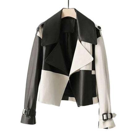 Chic and Timeless: Grozavu's High-End Black White Check Splice Leather Jacket! at €86.99