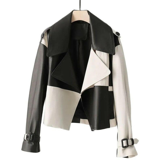 Chic and Timeless: Grozavu's High-End Black White Check Splice Leather Jacket! at €86.99