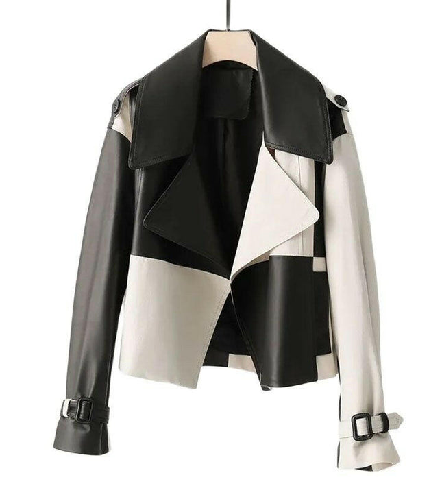 Chic e senza tempo: la giacca in pelle con giunture a quadri bianchi e neri di fascia alta di Grozavu!