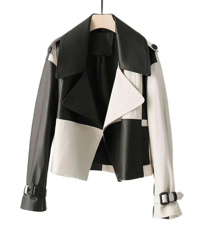 Chic and Timeless: Grozavu's High-End Black White Check Splice Leather Jacket!