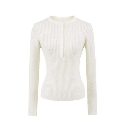 Round Neck Half-Button Knit Sweater in white, showcasing a slim-fit silhouette and half-button placket detail.