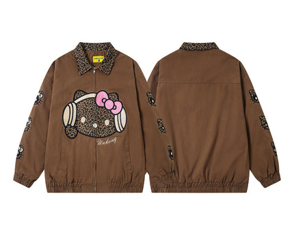 Retro Leopard Print Cartoon Patch Embroidered Patchwork Jacket