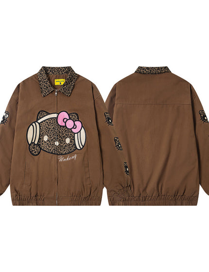 Veste en patchwork brodée avec patch cartoon imprimé léopard rétro