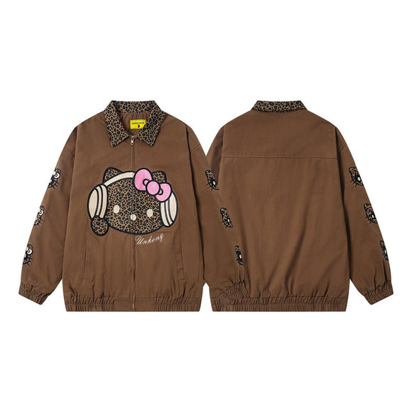 Retro Leopard Print Cartoon Patch Embroidered Patchwork Turn-down Collar Jacket Unisex Autumn Fashion Loose Casual Jacket