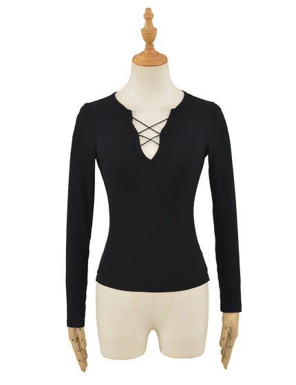 T-shirt à manches longues en V avec bretelles pour femmes
