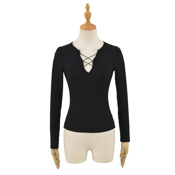 Strap V-neck long sleeved T-shirt for women