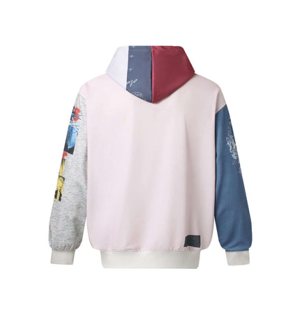 Magazine Printed Zip-Up Hoodie – Loose Fit showcasing the back view with vibrant magazine-inspired designs.