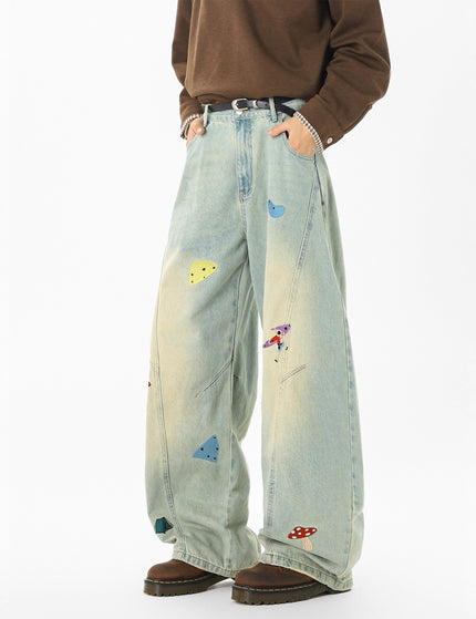 High Street Fun Patchwork Jeans Men Autumn Trendy Deconstructed Embroidered Knife Pants Cleanfit Washed Straight Leg Pants