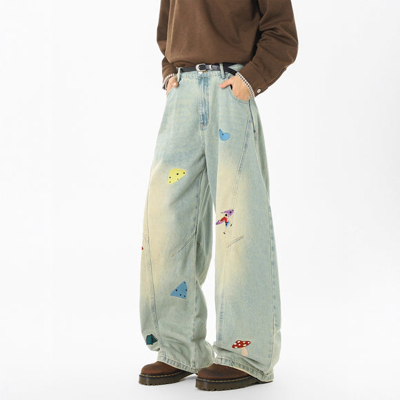 High Street Fun Patchwork Jeans Men Autumn Trendy Deconstructed Embroidered Knife Pants Cleanfit Washed Straight Leg Pants