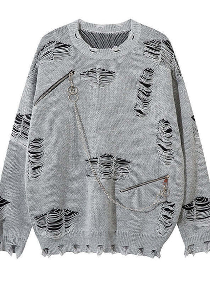 Back view of Black knitted sweater ripped chain splicing by Grozavu