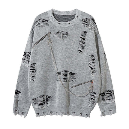 Back view of Black knitted sweater ripped chain splicing by Grozavu