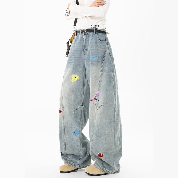 Streetwear Fun Patchwork Jeans Men Trendy Deconstructed Embroidered Knife Pants Clean Fit Washed Straight Leg Jeans