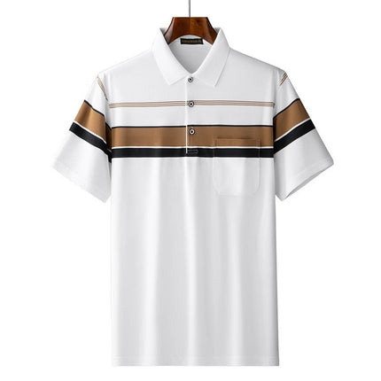 White cotton T-shirt with horizontal brown and black stripes, perfect for Father's Day.