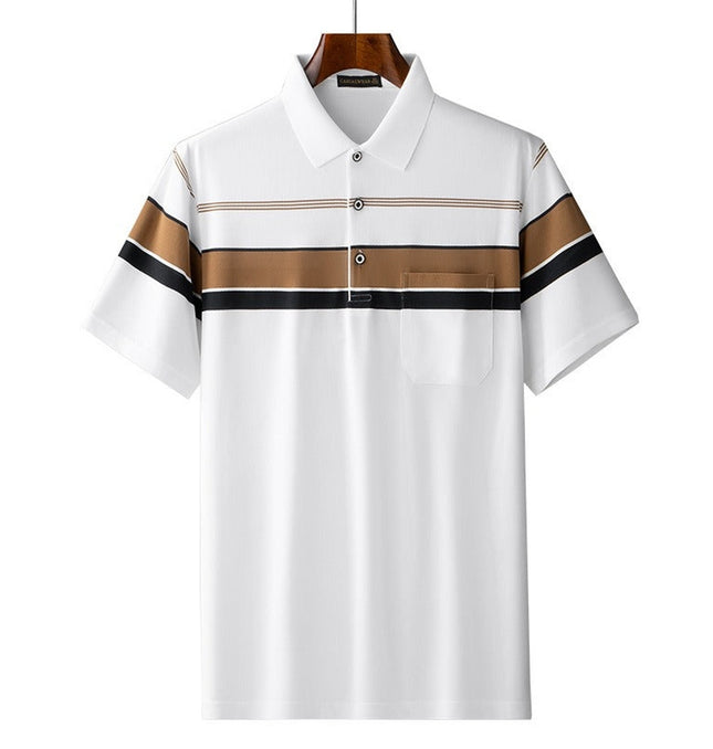 White cotton T-shirt with horizontal brown and black stripes, perfect for Father's Day.