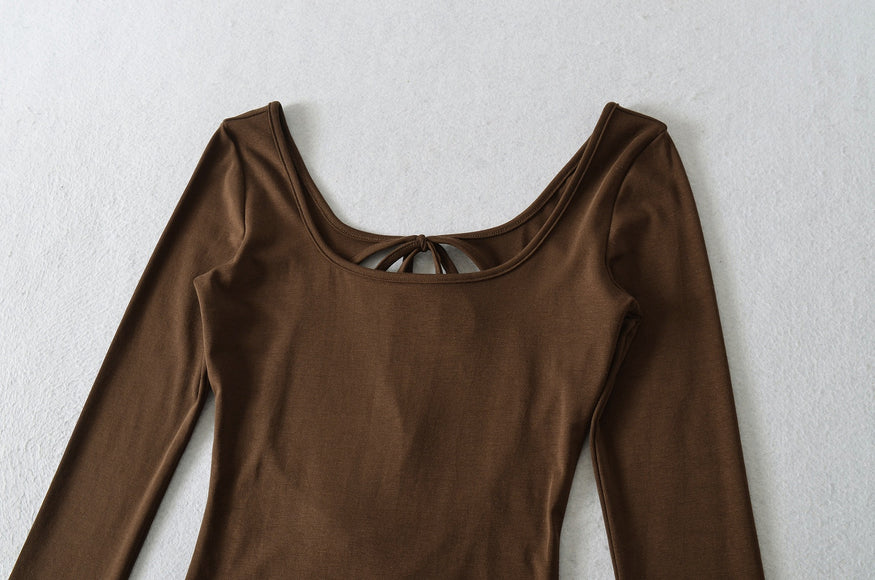 U-neck Striped Long Sleeved Elastic T-shirt Tight Top