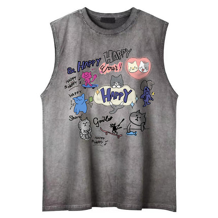 Cartoon Print Cotton Tank Top – Loose Fit