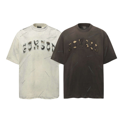 Washed Patchwork Letter T-Shirt – Loose Fit showcasing premium loose fit design and relaxed style in two color options.