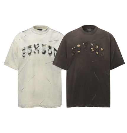 Washed Patchwork Letter TShirt – Loose Fit in beige and black with unique embroidery detailing.