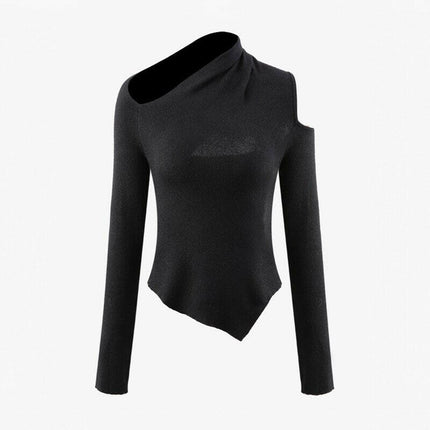 Grozavu's Asymmetrical Black T-Shirt: Slim Knitted Top Fashion at €58.99