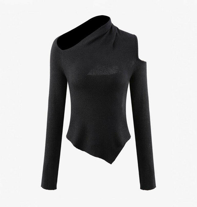 Grozavu's Asymmetrical Black T-Shirt: Slim Knitted Top Fashion at €58.99