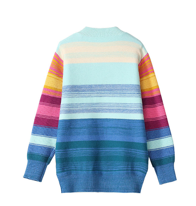 Organic relaxed cotton rainbow knit top with bold embroidery, featuring a round neck and long sleeves. Ideal for a commuting temperament style.