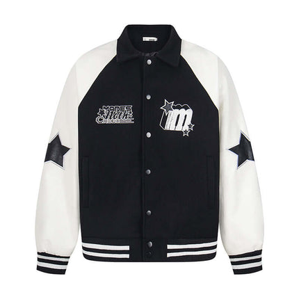 Model wearing White and Black paneled spliced turn jacket by Grozavu