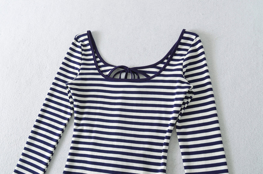 U-neck Striped Long Sleeved Elastic T-shirt Tight Top
