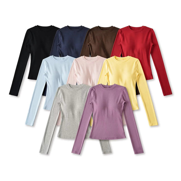 Camiseta básica elástica ajustada de manga larga con cuello redondo vintage, acolchada, de hombros regulares, top sólido de color simple