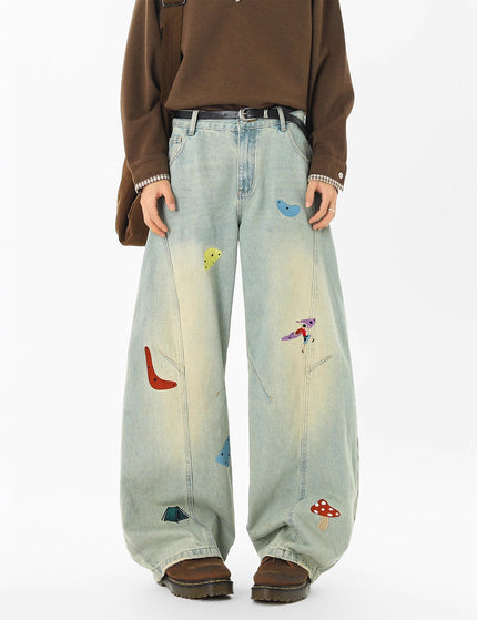 Streetwear Fun Patchwork Jeans Men Trendy Deconstructed Embroidered Knife Pants Clean Fit Washed Straight Leg Jeans