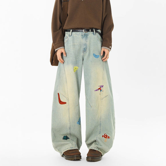 Streetwear Fun Patchwork Jeans Men Trendy Deconstructed Embroidered Knife Pants Clean Fit Washed Straight Leg Jeans