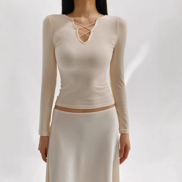 Strap V-neck long sleeved T-shirt for women