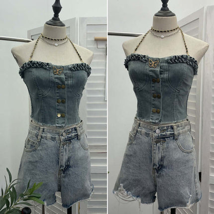 Débardeur sans bretelles ajusté en denim avec boucle