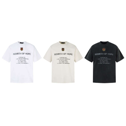 Retro Washed Badge Letter T-Shirt – Loose Fit in white, beige, and black colors featuring vintage graphic design.