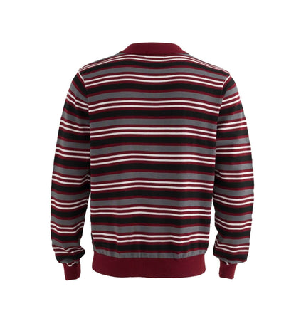 Back view of Color-Block Letter Knit Sweater - Loose Fit featuring striped pattern and ribbed cuffs.