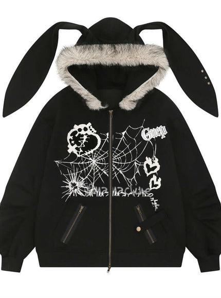 Model wearing Black bunny network card long hooded by Grozavu