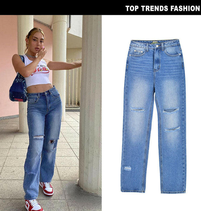 Grozavu Summer High-Waist Straight Loose Denim Trousers at €39.00