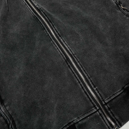 Washed Zip Hoodie Jacket – Loose Fit showing the front zipper and textured fabric in dark color.