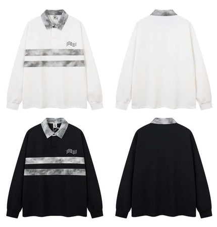 Retro Embroidered Patchwork Polo Hoodie shown in black and white with striped design and embroidered detailing.