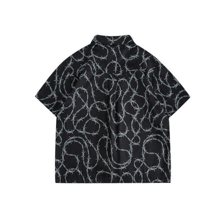 Striped Short Sleeve Shirt - Loose Fit with a unique barbed wire pattern on a black background.