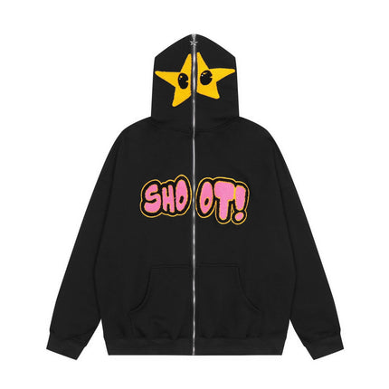 Cartoon Star Embroidery Plush Hoodie - High Street Hip-Hop Style