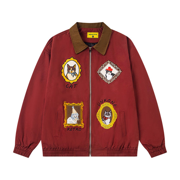 Chinoiserie Vintage Cat Embroidery Patchwork Jacket for Men and Women