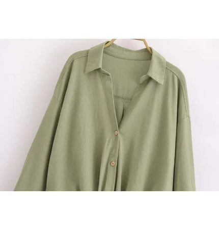 Spliced Green Shirt – Loose Fit featuring a solid green tone with splicing detail and buttoned collar.