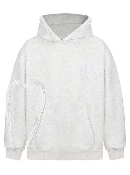 Model wearing Flower Gray heart shaped lace hooded sweatshirt by Grozavu